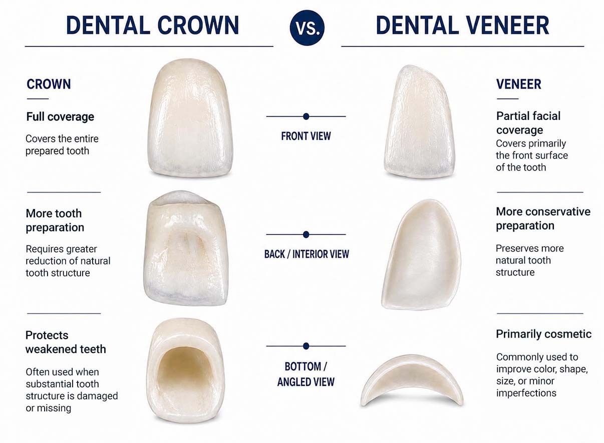 Dental crown vs veneer showing full tooth coverage and front surface coverage