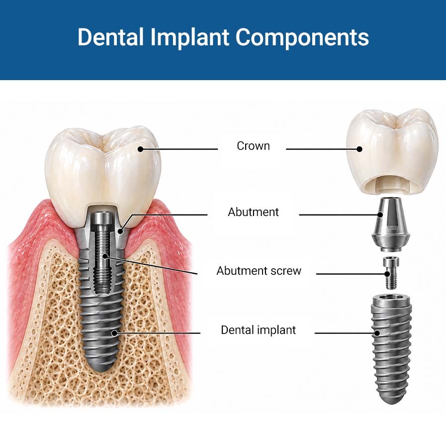 Dental implant components showing the crown, abutment, abutment screw, and implant fixture in the jawbone