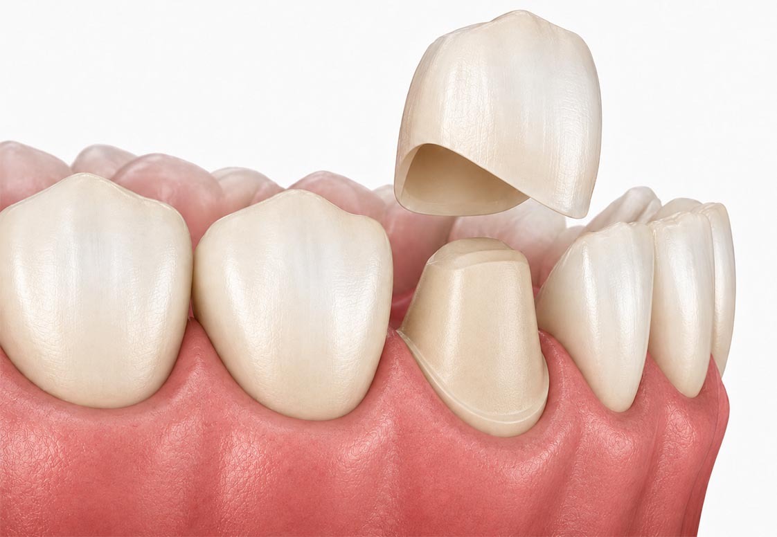 Ceramic front tooth crown positioned over a prepared tooth for full coverage restoration