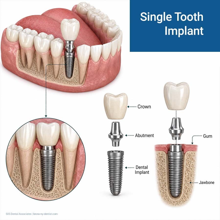 Single dental implant crown showing the crown, abutment, and dental implant replacing one missing tooth