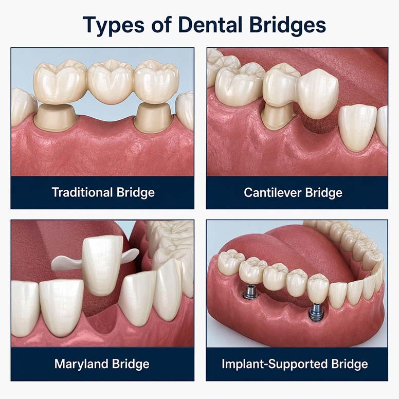 Types of dental bridges including traditional, cantilever, Maryland, and implant-supported bridges